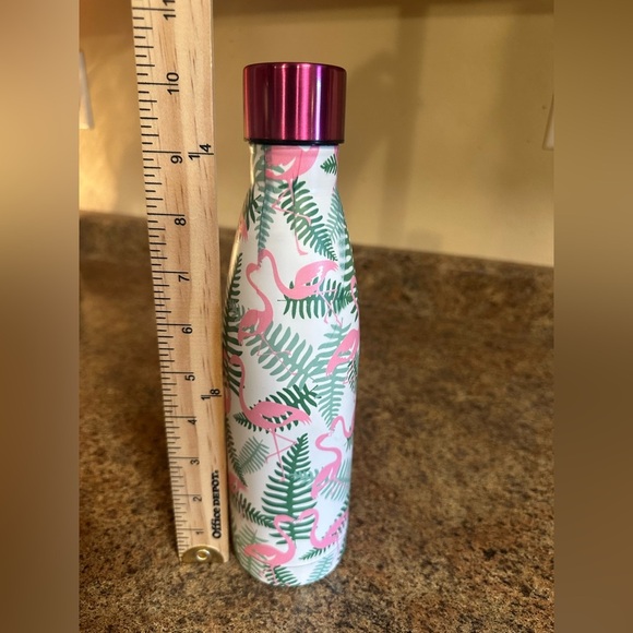Insulated Metal Water Bottle Flamingo Pink Green Double Wall Screw Top Lid - Picture 5 of 7